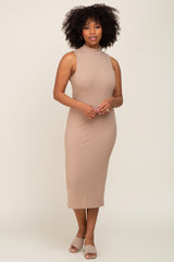 Taupe Ribbed Sleeveless Mock Neck Maternity Midi Dress