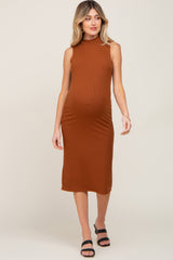 Camel Ribbed Sleeveless Mock Neck Maternity Midi Dress