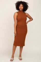 Camel Ribbed Sleeveless Mock Neck Maternity Midi Dress