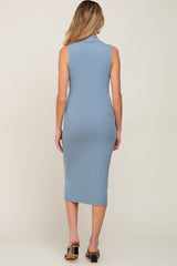 Blue Ribbed Sleeveless Mock Neck Maternity Midi Dress