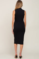 Black Ribbed Sleeveless Mock Neck Maternity Midi Dress