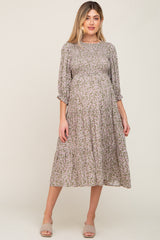 Olive Floral Smocked 3/4 Sleeve Maternity Midi Dress