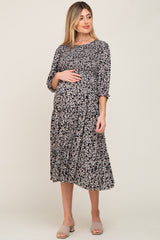 Black Floral Smocked 3/4 Sleeve Maternity Midi Dress