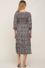 Black Floral Smocked 3/4 Sleeve Maternity Midi Dress