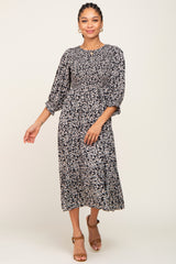 Black Floral Smocked 3/4 Sleeve Maternity Midi Dress