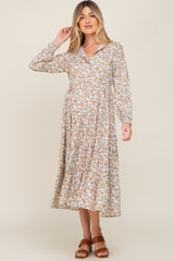 Beige Floral Button Front Long Sleeve Tiered Maternity Midi Dress