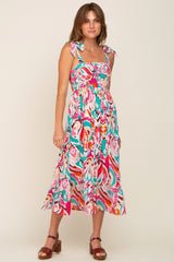 Emerald Green Printed Smocked Shoulder Tie Midi Dress