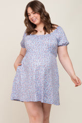 Blue Floral Short Puff Sleeve Maternity Dress