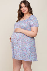 Blue Floral Short Puff Sleeve Maternity Dress