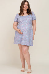 Blue Floral Short Puff Sleeve Maternity Dress