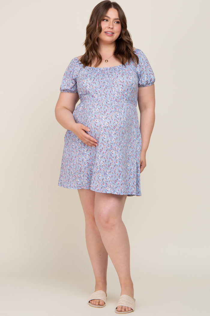 Blue Floral Short Puff Sleeve Maternity Dress