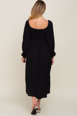 Black Gauze Smocked Maternity Midi Dress