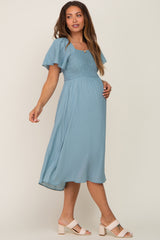 Light Blue Smocked Square Neck Flutter Short Sleeve Maternity Midi Dress