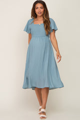 Light Blue Smocked Square Neck Flutter Short Sleeve Maternity Midi Dress