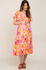 Yellow Print Smocked V-Neck Maternity Midi Dress