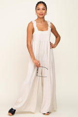 Beige Ruffle Trim Back Tie Maternity Jumpsuit