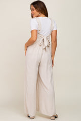 Beige Ruffle Trim Back Tie Maternity Jumpsuit