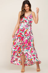 Pink Printed Flounce Maternity Wrap Dress