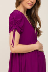 Purple Cinched Sleeve Maternity Midi Dress