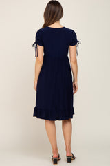 Navy Cinched Sleeve Maternity Midi Dress