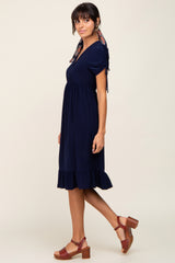 Navy Cinched Sleeve Midi Dress