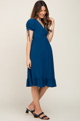 Deep Teal Cinched Sleeve Maternity Midi Dress