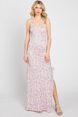 Lavender Floral Side Slit Ruched Maxi Dress