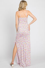 Lavender Floral Side Slit Ruched Maxi Dress