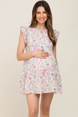 Light Green Floral Ruffle Accent Maternity Mini Dress