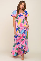 Pink Abstract Print Puff Sleeve Maternity Maxi Dress