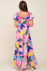 Pink Abstract Print Puff Sleeve Maxi Dress
