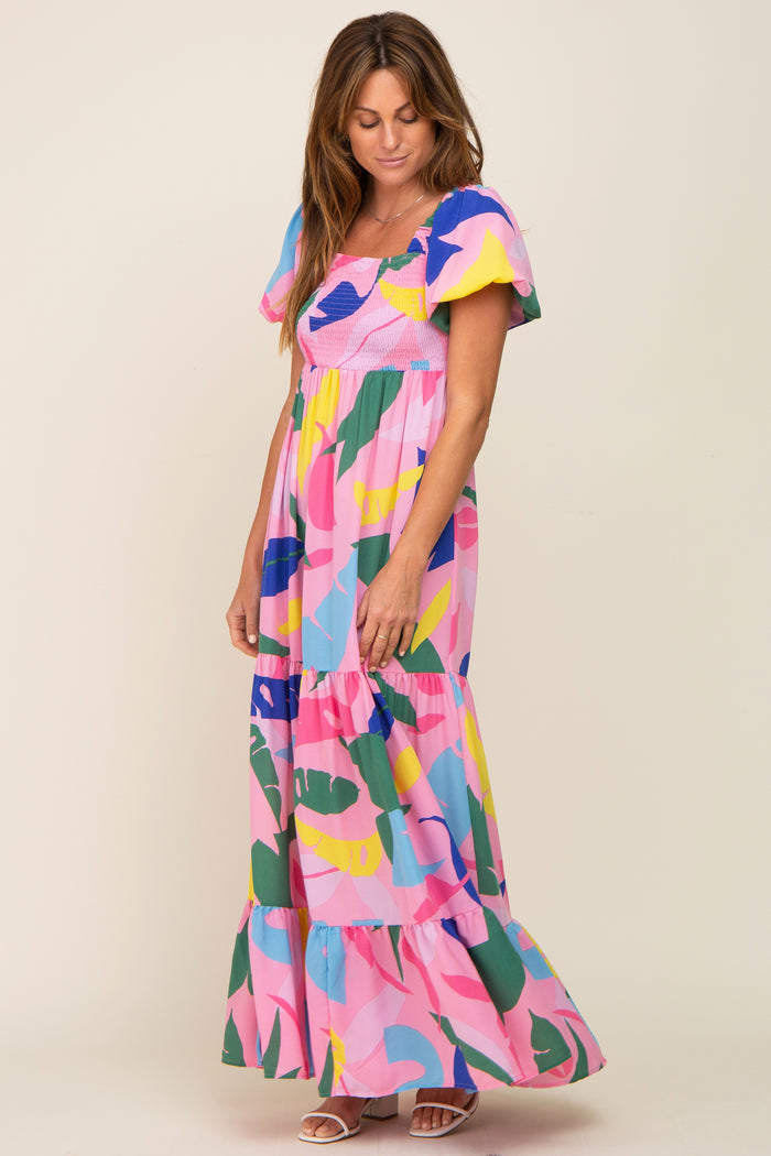 Pink Abstract Print Puff Sleeve Maxi Dress