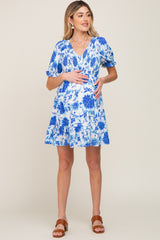 Blue Floral Smocked Puff Sleeve Maternity Dress