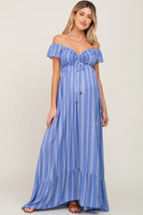 Blue Striped Off Shoulder Front Tie Maternity Maxi Dress