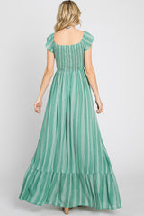 Green Striped Off Shoulder Front Tie Maxi Dress