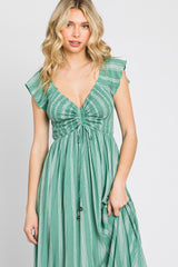 Green Striped Off Shoulder Front Tie Maxi Dress