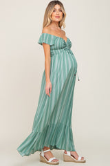 Green Striped Off Shoulder Front Tie Maternity Maxi Dress