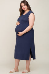 Navy Sleeveless Front Pocket Maternity Plus Midi Dress