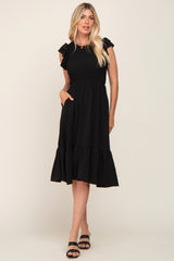 Black Smocked Layered Ruffle Flutter Sleeve Maternity Midi Dress