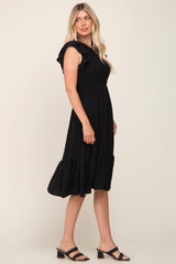 Black Smocked Layered Ruffle Flutter Sleeve Midi Dress