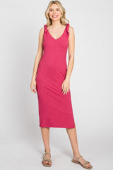 Magenta Ribbed Shoulder Tie Midi Dress