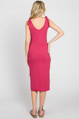 Magenta Ribbed Shoulder Tie Midi Dress