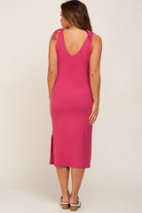 Magenta Ribbed Shoulder Tie Maternity Midi Dress