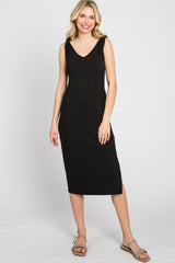 Black Ribbed Shoulder Tie Midi Dress