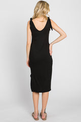 Black Ribbed Shoulder Tie Midi Dress