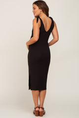 Black Ribbed Shoulder Tie Maternity Midi Dress