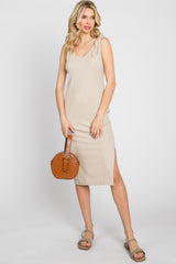 Beige Ribbed Shoulder Tie Maternity Midi Dress