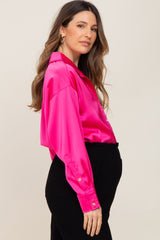 Fuchsia Satin Button Up Maternity Blouse