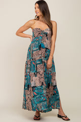 Teal Printed Halter Tassel Front Tie Maternity Maxi Dress