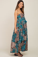 Teal Printed Halter Tassel Front Tie Maternity Maxi Dress